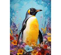 Artery8 Wall Art Print King Penguin in Colourful Floral Flowers Nest Thick Paint Oil Painting Yellow Black Blue Colourful Artwork Poster Artery8 Blue W12" x H16"