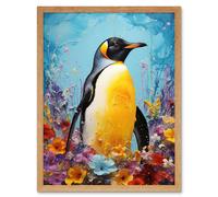 Artery8 Wall Art Print King Penguin in Colourful Floral Flowers Nest Thick Paint Oil Painting Yellow Black Blue Colourful Artwork Art Framed Artery8 Light Oak W12" x H16"