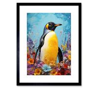 Artery8 Wall Art Print King Penguin in Colourful Floral Flowers Nest Thick Paint Oil Painting Yellow Black Blue Colourful Artwork Framed 9X7 Inch Artery8 Black W7" x H9"
