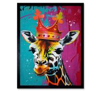 Artery8 Wall Art Print King Queen Giraffe Wearing a Crown Modern Pop Art Framed in Black | Size: W12" x H16" Artery8 Black W12" x H16"