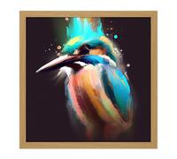 Artery8 Wall Art Print Kingfisher Abstract Paint Splatter Bird Watercolour Painting Teal Turquoise Orange Square Framed Picture 16X16 Inch Artery8 Light Oak W16" x H16"