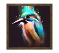 Artery8 Wall Art Print Kingfisher Abstract Paint Splatter Bird Watercolour Painting Teal Turquoise Orange Square Framed Picture 16X16 Inch Artery8 Brown W16" x H16"