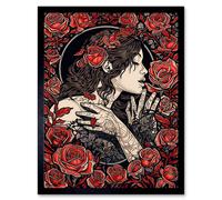 Artery8 Framed Wall Art Kiss From A Rose Red And Black Floral - 12X16 Inch
