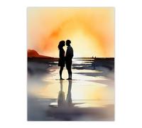 Artery8 Wall Art Print Kisses At Dawn Watercolour Painting Couple Kissing At Dawn Orange Grey Romantic Moment Between Lovers At A Coastal Landscape Artery8 Yellow W18" x H24"