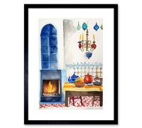 Artery8 Wall Art Print Kitchen Fireplace In Traditional Spanish Home Folk Art Watercolour Painting Artwork Framed 9X7 Inch in Black | Size: W7" x H9" Artery8 Black W7" x H9"