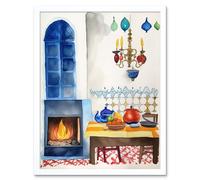 Artery8 Wall Art Print Kitchen Fireplace In Traditional Spanish Home Folk Art Watercolour Painting Art Framed in White | Size: W12" x H16" Artery8 White W12" x H16"