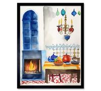 Artery8 Wall Art Print Kitchen Fireplace In Traditional Spanish Home Folk Art Watercolour Painting Art Framed in Black | Size: W12" x H16" Artery8 Black W12" x H16"