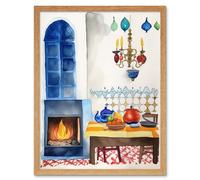 Artery8 Wall Art Print Kitchen Fireplace In Traditional Spanish Home Folk Art Watercolour Painting Art Framed in Light Oak | Size: W12" x H16" Artery8 Light Oak W12" x H16"