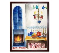 Artery8 Wall Art Print Kitchen Fireplace In Traditional Spanish Home Folk Art Watercolour Painting Art Framed in Brown | Size: W12" x H16" Artery8 Brown W12" x H16"