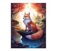 Artery8 Kitsune Fox Spirit Painting Orange Green Blue Digital Art Conceptual Depiction Mythical Creature in Autumn Forest Landscape with Temple Unframed Wall Art Print Poster Home Decor Premium