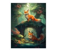 Artery8 Wall Art Print Kitsune Fox Spirits Painting Spring Blooms & Mythical Creatures in an Enchanted Forest Landscape Poster | Size: W24" x H32" Artery8 Green W24" x H32"