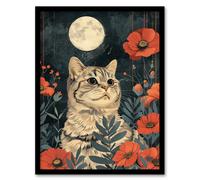 Artery8 Wall Art Print Kitten in Poppies by Moon Cat Lover Animal Nature Art Framed Poster in Black | Size: W12" x H16" Artery8 Black W12" x H16"