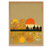 Artery8 Wall Art Print Klimt Inspired Autumn Sunset City Skyline Patterns Art Framed in Light Oak | Size: W12" x H16" Artery8 Light Oak W12" x H16"