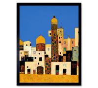 Artery8 Wall Art Print Klimt Style Moroccan Cityscape Blue Gold Art Framed in Black | Size: W12" x H16" Artery8 Black W12" x H16"
