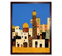 Artery8 Wall Art Print Klimt Style Moroccan Cityscape Blue Gold Art Framed in Brown | Size: W12" x H16" Artery8 Brown W12" x H16"