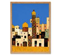 Artery8 Wall Art Print Klimt Style Moroccan Cityscape Blue Gold Art Framed in Light Oak | Size: W12" x H16" Artery8 Light Oak W12" x H16"
