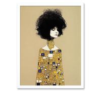 Artery8 Wall Art Print Klimt Style Retro Boho Afro Hair Abstract Gold Dress Art Framed in White | Size: W12" x H16" Artery8 White W12" x H16"