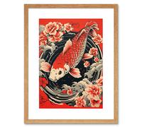Artery8 Wall Art Print Koi Fish Carp Japan Whirlpool Red Black Floral Artwork Coy Artwork Framed 9X7 Inch in Beige | Size: W7" x H9" Artery8 Beige W7" x H9"
