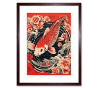 Artery8 Wall Art Print Koi Fish Carp Japan Whirlpool Red Black Floral Artwork Coy Artwork Framed 9X7 Inch in Brown | Size: W7" x H9" Artery8 Brown W7" x H9"