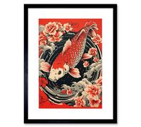 Artery8 Wall Art Print Koi Fish Carp Japan Whirlpool Red Black Floral Artwork Coy Artwork Framed 9X7 Inch