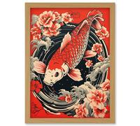 Artery8 Wall Art Print Koi Fish Carp Japan Whirlpool Red Black Floral Artwork Coy Artwork Framed A4 in Light Oak Artery8 Light Oak A4