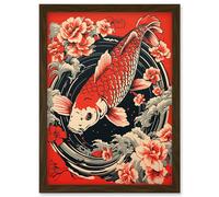 Artery8 Wall Art Print Koi Fish Carp Japan Whirlpool Red Black Floral Artwork Coy Artwork Framed A4 in Brown Artery8 Brown A4