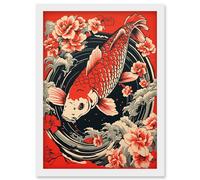 Artery8 Koi Fish Carp Japanese Whirlpool Red Black Floral Illustration Artwork Coy Artwork Framed Wall Art Print A4