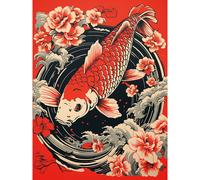 Artery8 Wall Art Print Koi Fish Carp Japan Whirlpool Red Black Floral Artwork Coy Poster | Size: W18" x H24" Artery8 Red W18" x H24"