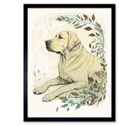 Artery8 Wall Art Print Labrador Retriever Dog Lying in Field Modern Linocut Art Framed in Black | Size: W12" x H16" Artery8 Black W12" x H16"