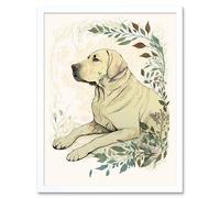 Artery8 Wall Art Print Labrador Retriever Dog Lying in Field Modern Linocut Art Framed in White | Size: W12" x H16" Artery8 White W12" x H16"