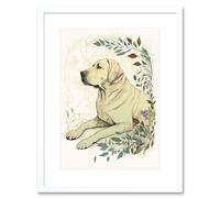 Artery8 Wall Art Print Labrador Retriever Dog Lying in Field Modern Linocut Artwork Framed 9X7 Inch in White | Size: W7" x H9" Artery8 White W7" x H9"