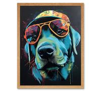 Artery8 Wall Art Print Labrador Retriever with Sunglasses & Hat Art Framed in Light Oak | Size: W12" x H16" Artery8 Light Oak W12" x H16"