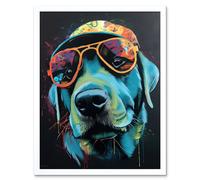 Artery8 Wall Art Print Labrador Retriever with Sunglasses & Hat Art Framed in White | Size: W12" x H16" Artery8 White W12" x H16"