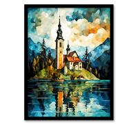 Artery8 Wall Art Print Lake Bled Vibrant Artwork 17th Century Church On Slovenia Island Reflecting On Turquoise Water Art Framed | Size: W12" x H16" Artery8 Black W12" x H16"