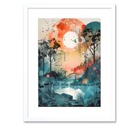 Artery8 Wall Art Print Lakeside Forest Landscape Peaceful Sunrise Morning Modern Watercolour Painting Artwork Framed 9X7 Inch | Size: W7" x H9" Artery8 White W7" x H9"