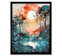 Artery8 Wall Art Print Lakeside Forest Landscape Peaceful Sunrise Morning Modern Watercolour Painting Art Framed in Black | Size: W12" x H16" Artery8 Black W12" x H16"