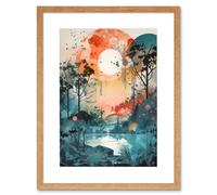 Artery8 Wall Art Print Lakeside Forest Landscape Peaceful Sunrise Morning Modern Watercolour Painting Artwork Framed 9X7 Inch | Size: W7" x H9" Artery8 Beige W7" x H9"