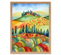 Artery8 Wall Art Print Landscape Of Tuscany House On The Hill Folk Art Framed in Light Oak | Size: W12" x H16" Artery8 Light Oak W12" x H16"