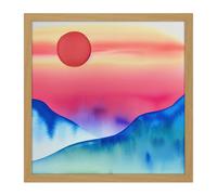 Artery8 Wall Art Print Landscape Red Sun Sunset Modern Watercolour Square Framed Picture 16X16 Inch in Light Oak | Size: W16" x H16" Artery8 Light Oak W16" x H16"