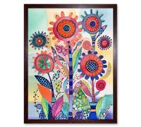 Artery8 Wall Art Print Large Flower Blooms With Embroidery Style Patterns Folk Art Watercolour Painting Art Framed in Brown | Size: W12" x H16" Artery8 Brown W12" x H16"