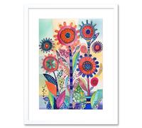 Artery8 Wall Art Print Large Flower Blooms With Embroidery Style Patterns Folk Art Watercolour Painting Artwork Framed 9X7 Inch | Size: W7" x H9" Artery8 White W7" x H9"