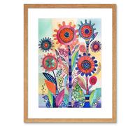 Artery8 Wall Art Print Large Flower Blooms With Embroidery Style Patterns Folk Art Watercolour Painting Artwork Framed 9X7 Inch | Size: W7" x H9" Artery8 Beige W7" x H9"