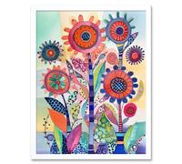 Artery8 Wall Art Print Large Flower Blooms With Embroidery Style Patterns Folk Art Watercolour Painting Art Framed in White | Size: W12" x H16" Artery8 White W12" x H16"