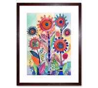 Artery8 Wall Art Print Large Flower Blooms With Embroidery Style Patterns Folk Art Watercolour Painting Artwork Framed 9X7 Inch | Size: W7" x H9" Artery8 Brown W7" x H9"