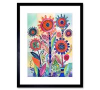 Artery8 Wall Art Print Large Flower Blooms With Embroidery Style Patterns Folk Art Watercolour Painting Artwork Framed 9X7 Inch | Size: W7" x H9" Artery8 Black W7" x H9"