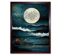 Artery8 Wall Art Print Large Full Moon Seascape Golden Algae Wave Foam Art Framed in Brown | Size: W12" x H16" Artery8 Brown W12" x H16"