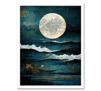 Artery8 Wall Art Print Large Full Moon Seascape Golden Algae Wave Foam Art Framed in White | Size: W12" x H16" Artery8 White W12" x H16"