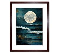 Artery8 Wall Art Print Large Full Moon Seascape Golden Algae Wave Foam Artwork Framed 9X7 Inch in Brown | Size: W7" x H9" Artery8 Brown W7" x H9"