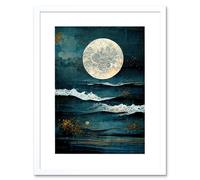 Artery8 Wall Art Print Large Full Moon Seascape Golden Algae Wave Foam Artwork Framed 9X7 Inch in White | Size: W7" x H9" Artery8 White W7" x H9"