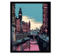 Artery8 Wall Art Print Leeds Canal Cityscape Pink & Teal Art Framed in Black | Size: W12" x H16" Artery8 Black W12" x H16"